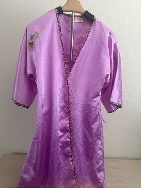 Lavender Satin Kimono Robe with Leopard Trim